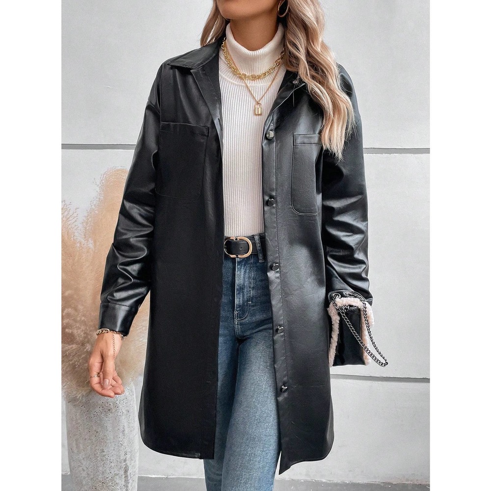 vegan leather Drop Shoulder leather Coat black